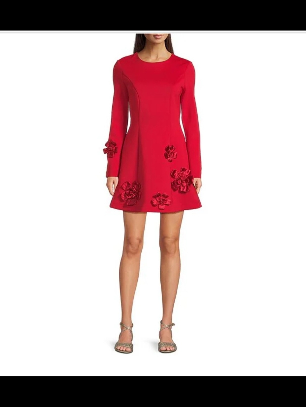 Badgley Mischka Red Long-Sleeve Floral-Appliqué Mini Dress